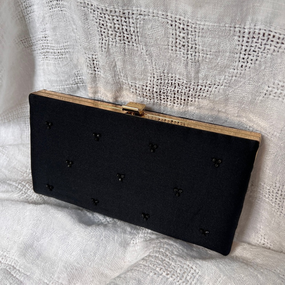 NWT Vintage 80s Shirl Miller Black Beaded Evening Clutch Gold Cocktail Purse